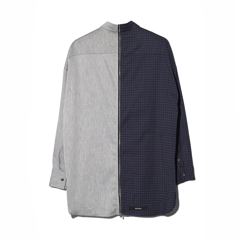 [MOTIFEST] Garments Detachable Half Zip Shirt ( Blue Check / Dark Gray )