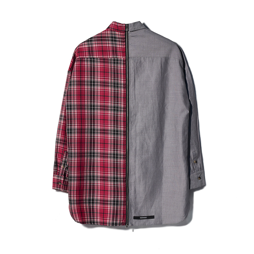 [MOTIFEST] Garments Detachable Half Zip Shirts ( Light Gray / Pink Check )