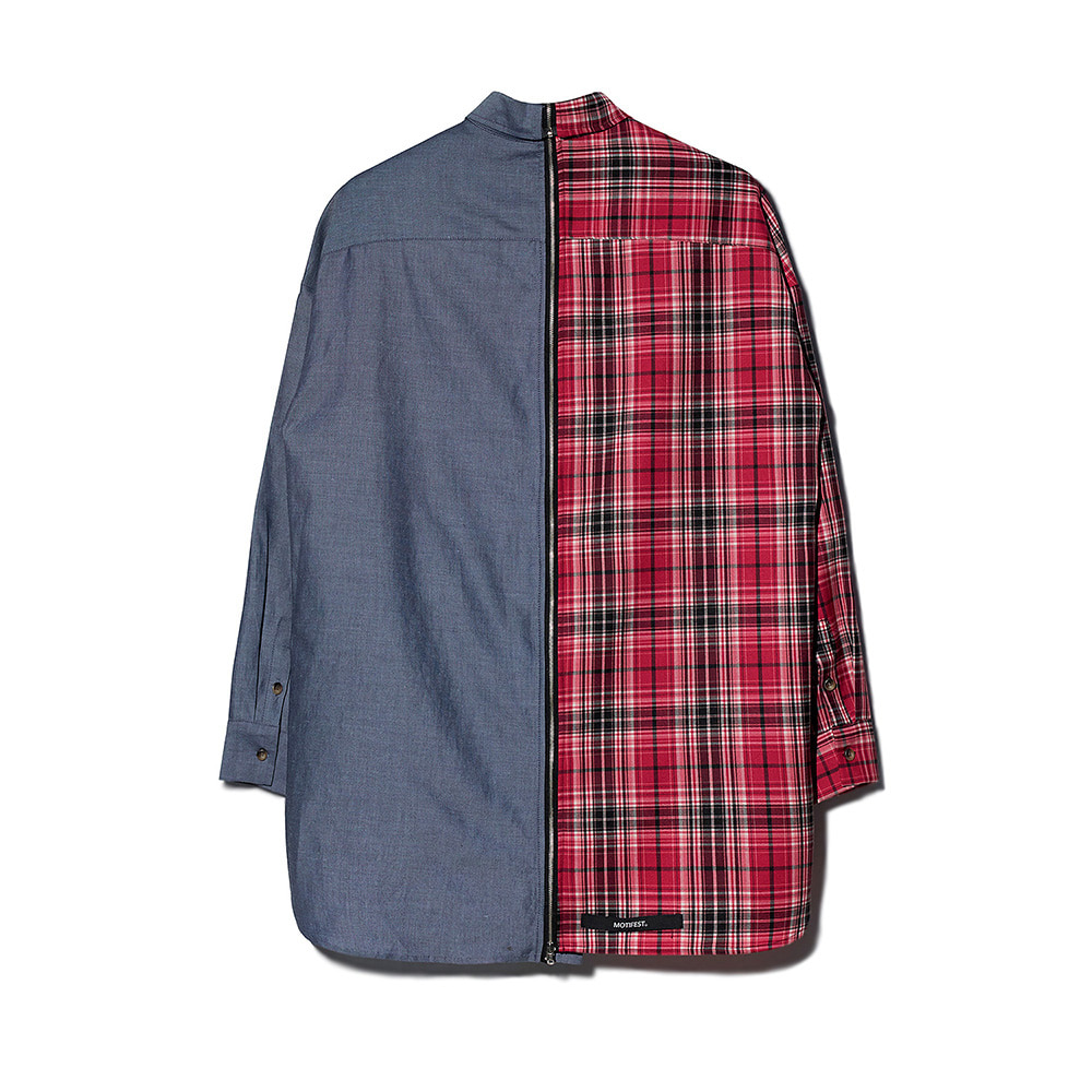 [MOTIFEST] Garments Detachable Half Zip Shirts ( Pink Check / Dark Blue )