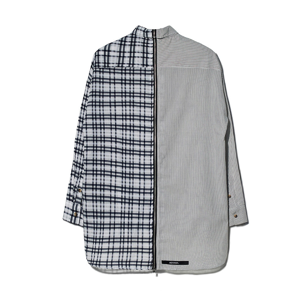[MOTIFEST] Garments Detachable Half Zip Shirts ( White Stripe /  Black Tattersall Check )
