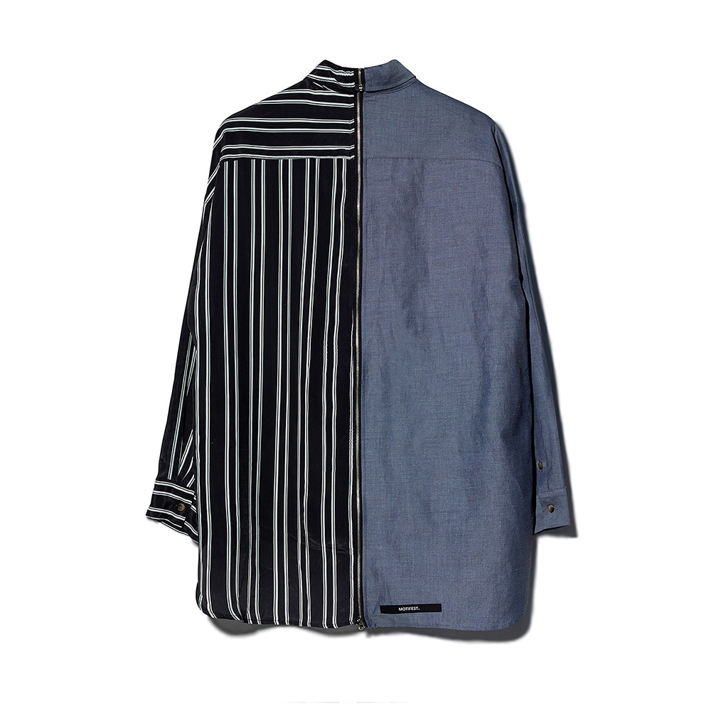 [MOTIFEST] Garments Detachable Half Zip Shirts ( Dark Blue / Black Stripe )