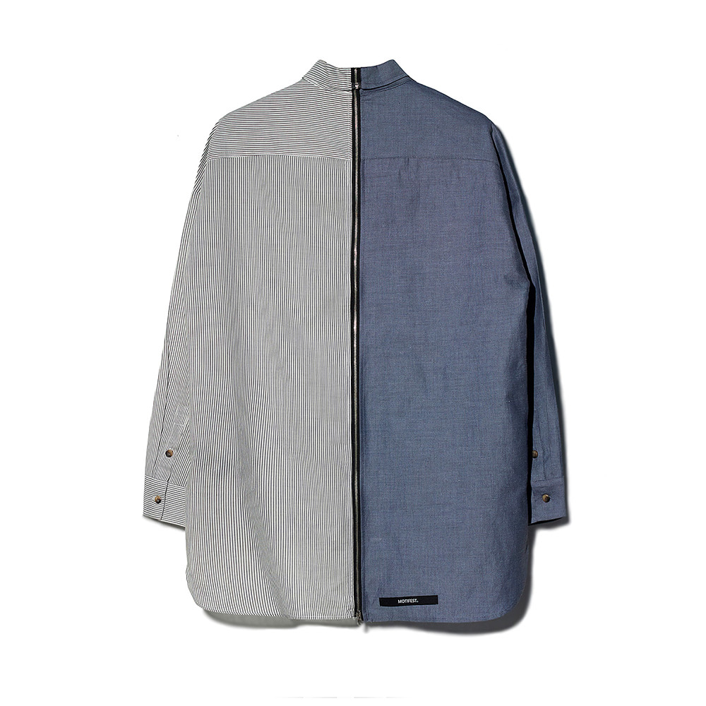 [MOTIFEST] Garments Detachable Half Zip Shirts ( Dark Blue / White Stripe )