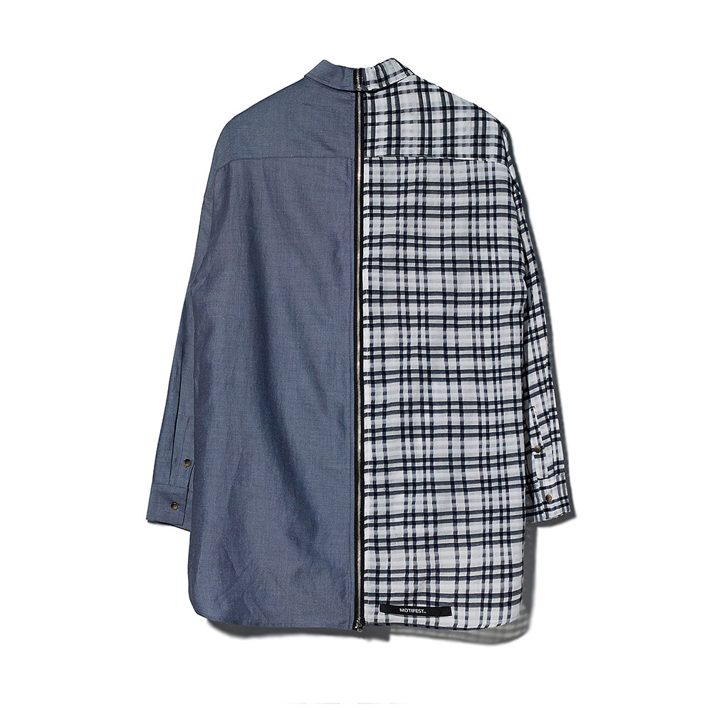 [MOTIFEST] Garments Detachable Half Zip Shirts ( Black Tattersall Check / Dark Blue )