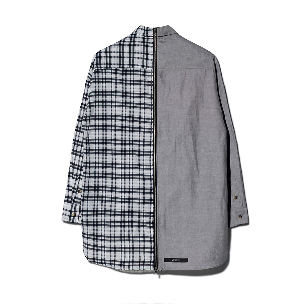 [MOTIFEST] Garments Detachable Half Zip Shirts ( Light Gray / Black Tattersall Check )