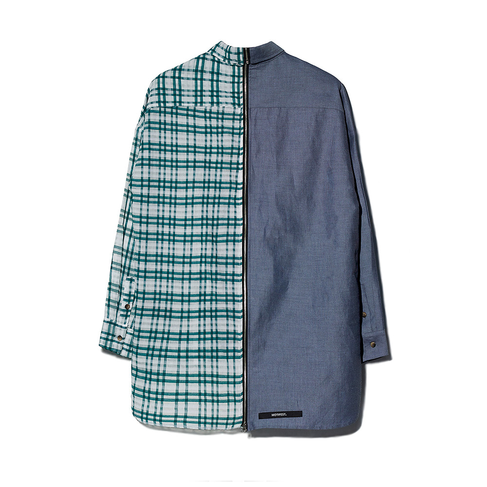 [MOTIFEST] Garments Detachable Half Zip Shirts ( Dark Blue / Green Tattersall Check )