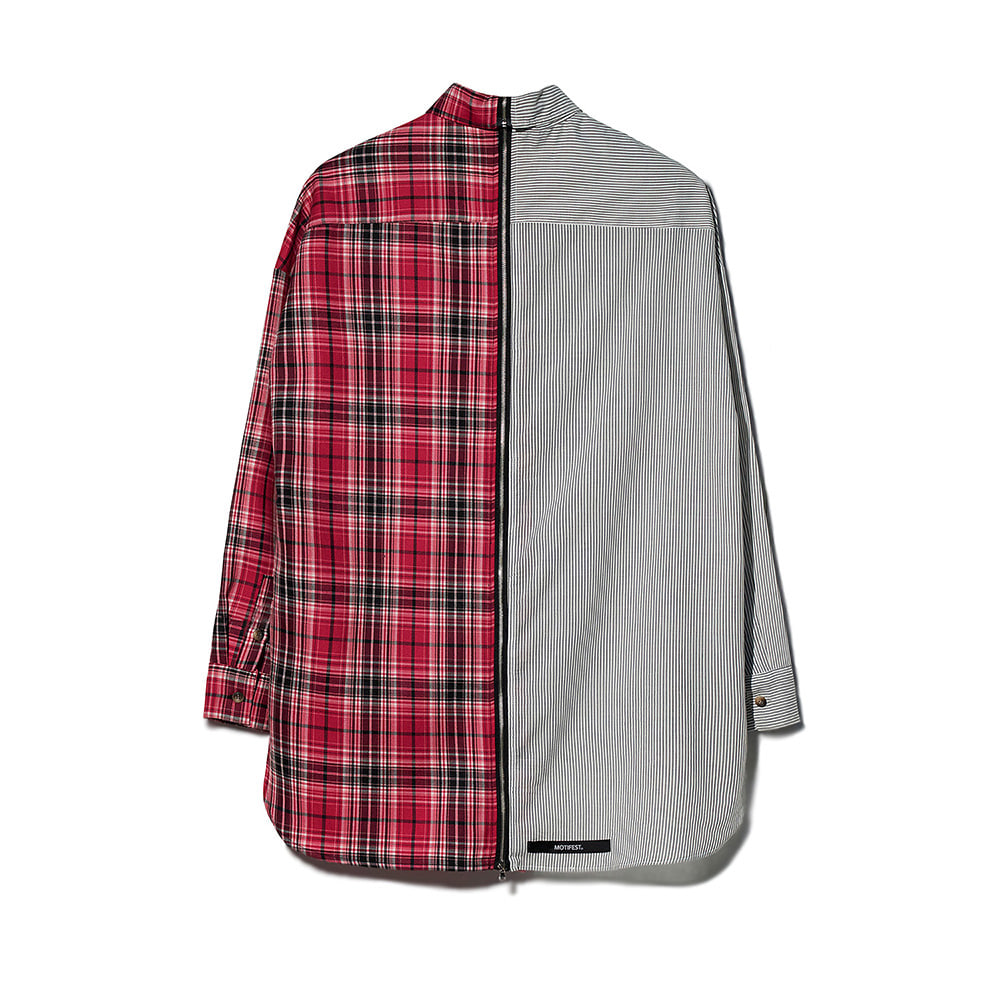 [MOTIFEST] Garments Detachable Half Zip Shirts ( White Stripe / Pink Check )