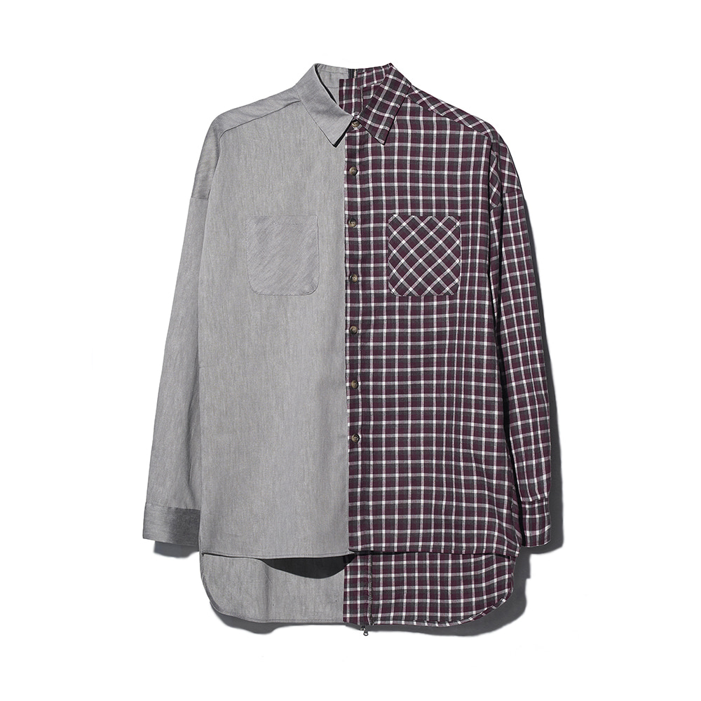 [MOTIFEST] Garments Detachable Half Zip Shirt ( Dark Gray / Wine Check )