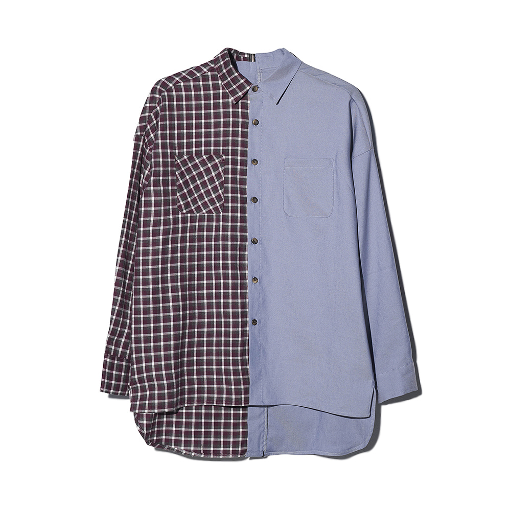 [MOTIFEST] Garments Detachable Half Zip Shirt ( Wine Check / Light Blue )