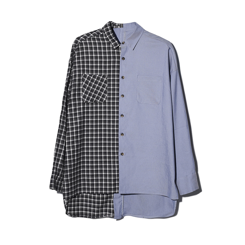 [MOTIFEST] Garments Detachable Half Zip Shirt ( Black Check / Light Blue )
