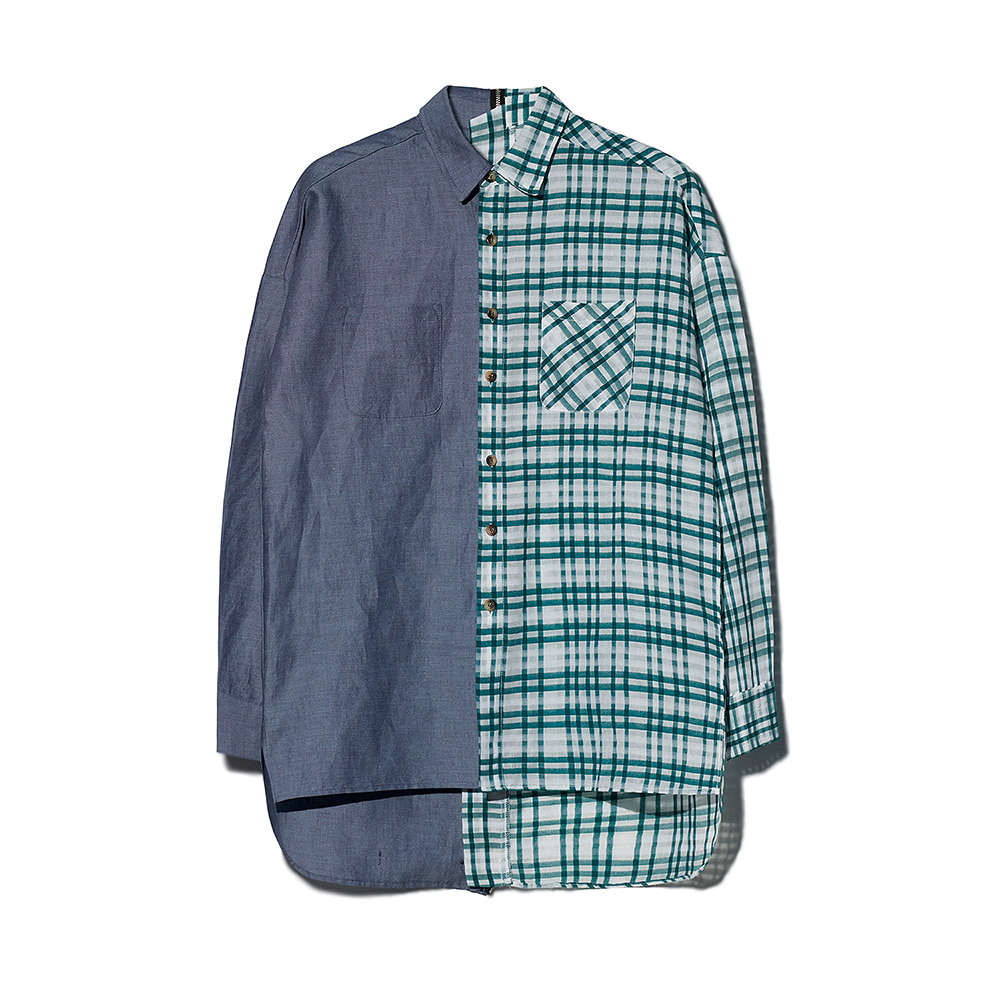 [MOTIFEST] Garments Detachable Half Zip Shirts ( Dark Blue / Green Tattersall Check )