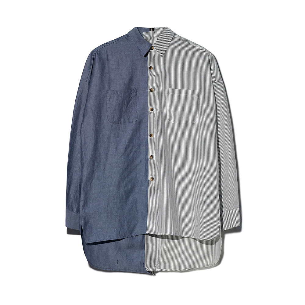 [MOTIFEST] Garments Detachable Half Zip Shirts ( Dark Blue / White Stripe )
