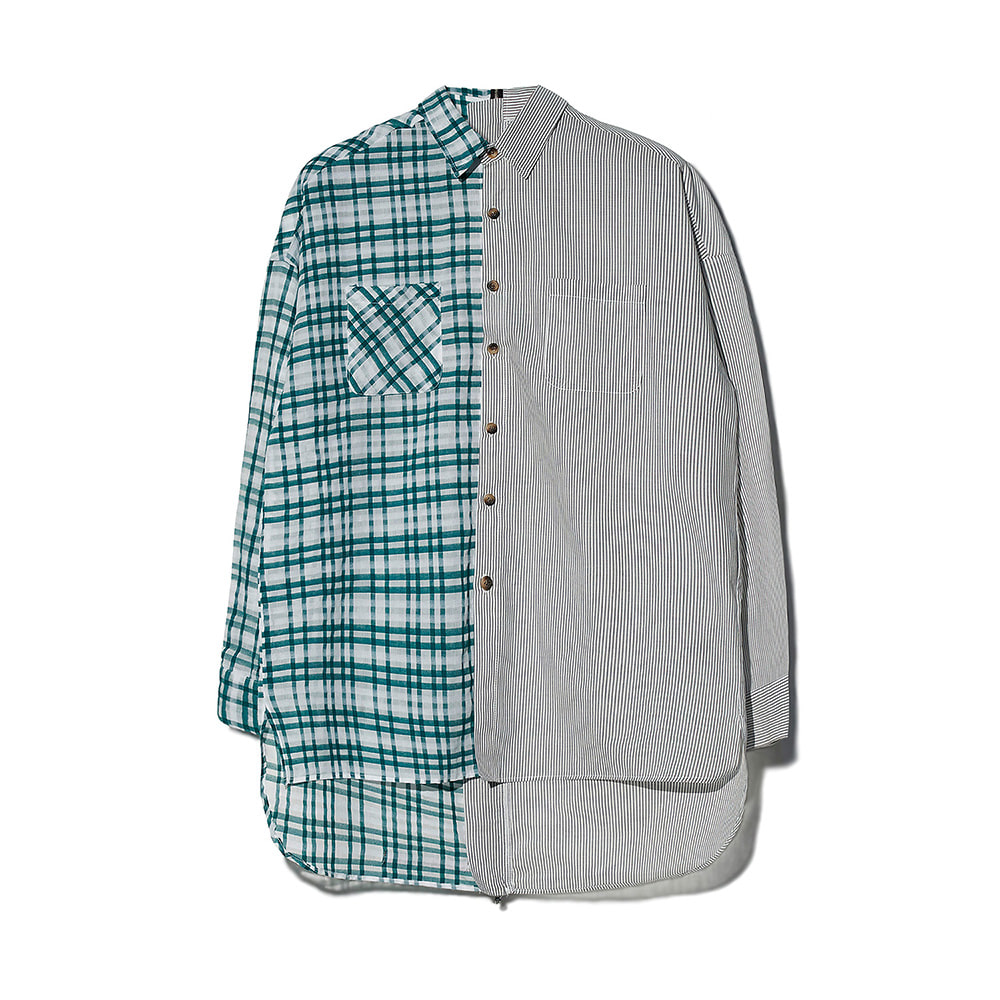 [MOTIFEST] Garments Detachable Half Zip Shirts ( Green Tattersall Check /  White Stripe )