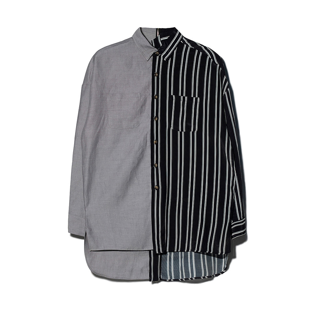 [MOTIFEST] Garments Detachable Half Zip Shirts ( Light Gray / Black Stripe )