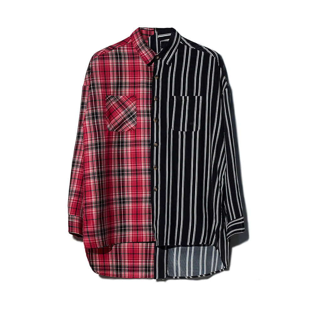 [MOTIFEST] Garments Detachable Half Zip Shirts ( Pink Check / Black Stripe )