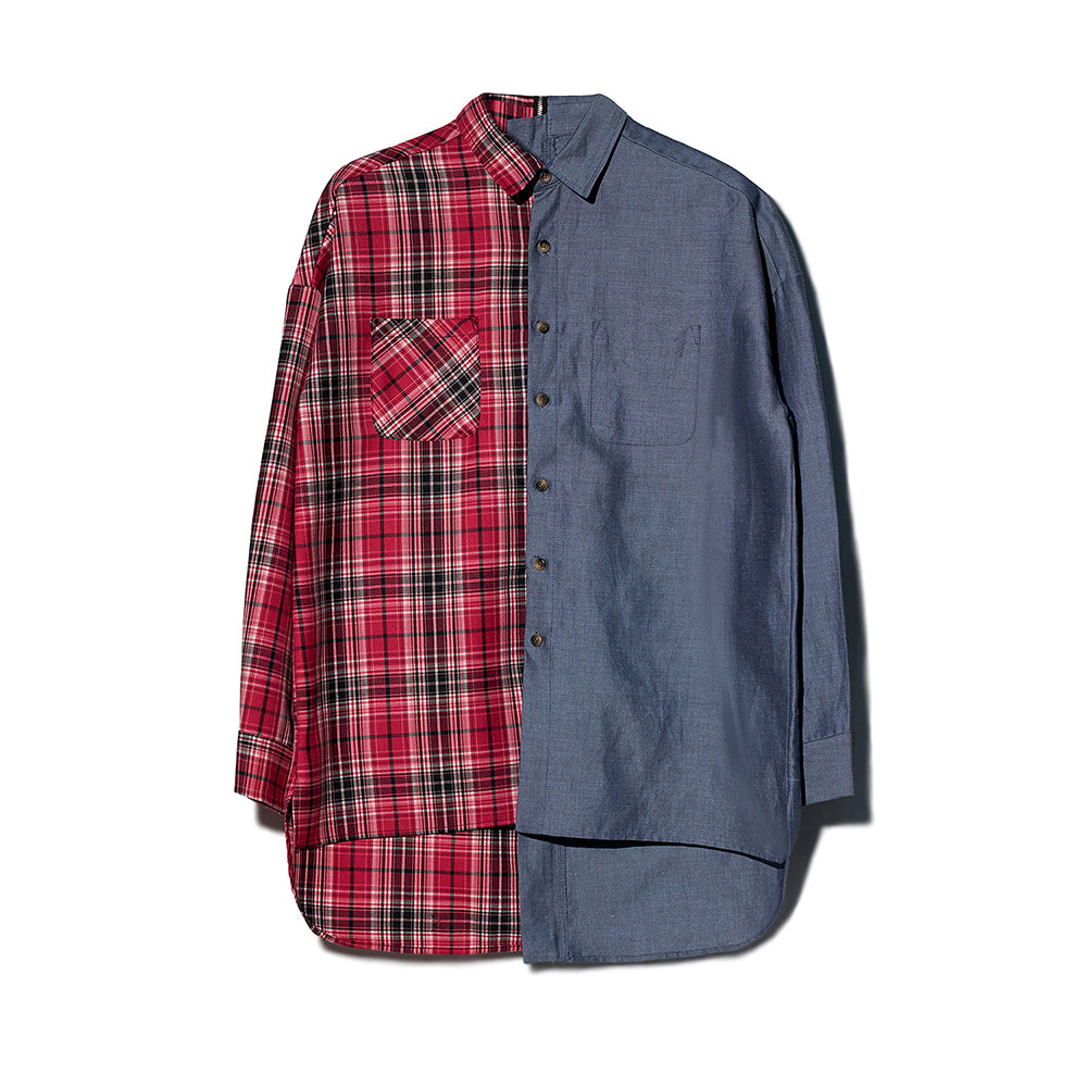 [MOTIFEST] Garments Detachable Half Zip Shirts ( Pink Check / Dark Blue )