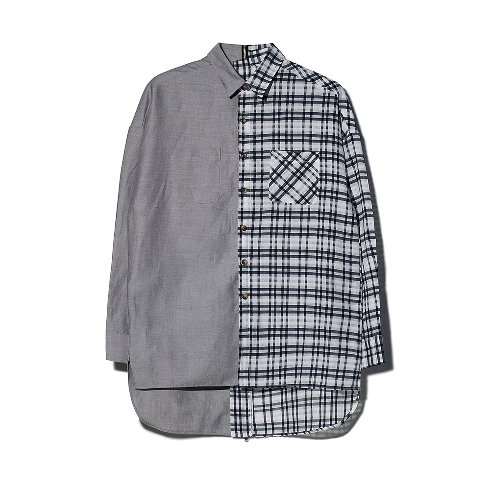 [MOTIFEST] Garments Detachable Half Zip Shirts ( Light Gray / Black Tattersall Check )