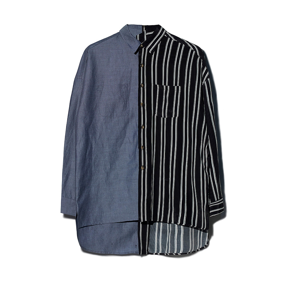 [MOTIFEST] Garments Detachable Half Zip Shirts ( Dark Blue / Black Stripe )